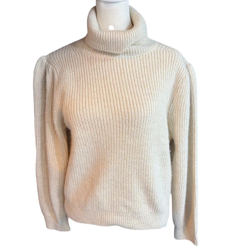 J.Crew Cream Ribbed Merino Wool Alpaca Blend Puff Shoulder Turtleneck  M #691